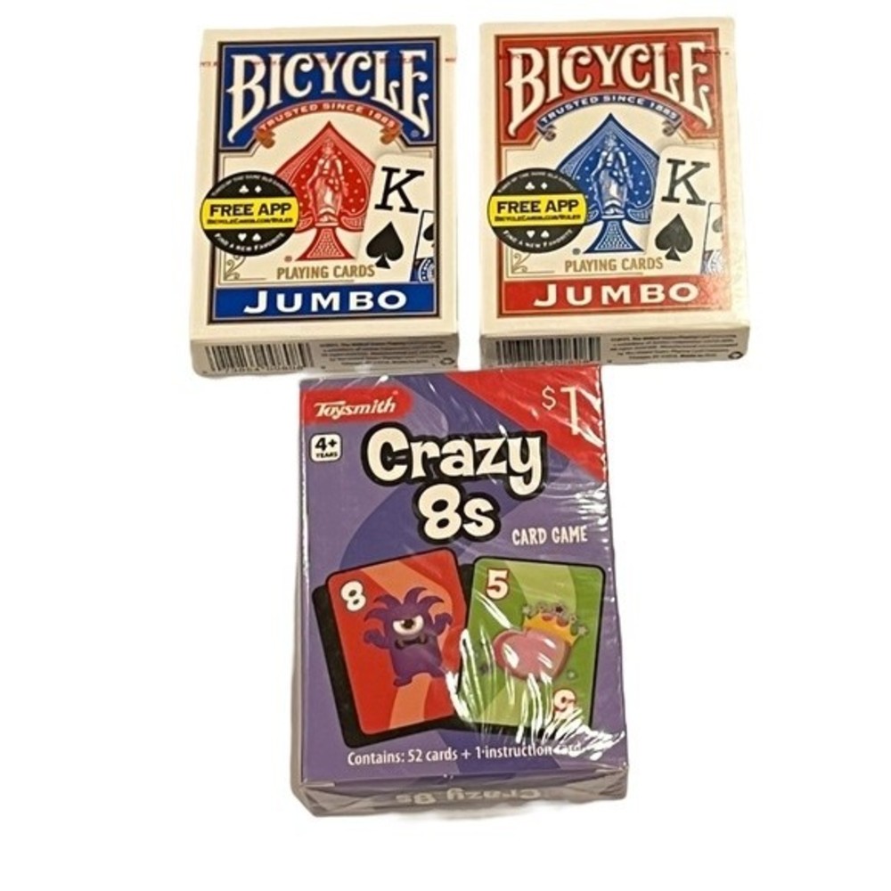 Bicycle Jumbo Playing Cards Two Packs and Crazy Eights Brand New